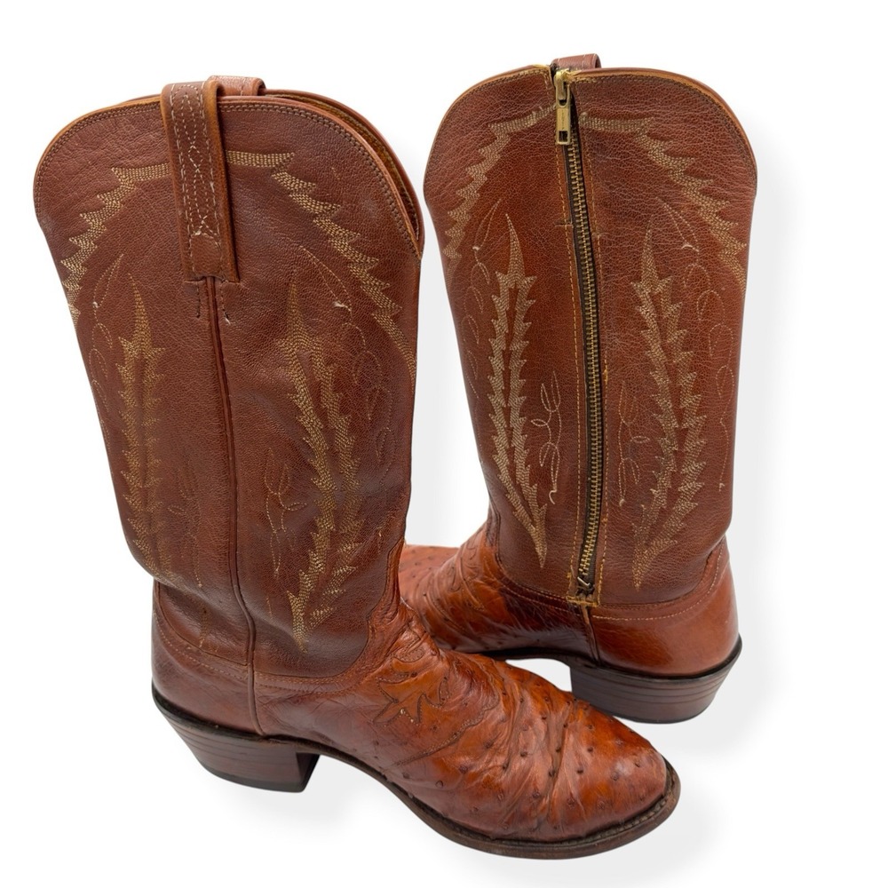 VTG LUCCHESE 1883 Men's Full Quill Ostrich Western Cowboy Boots Size 7.5D Brown